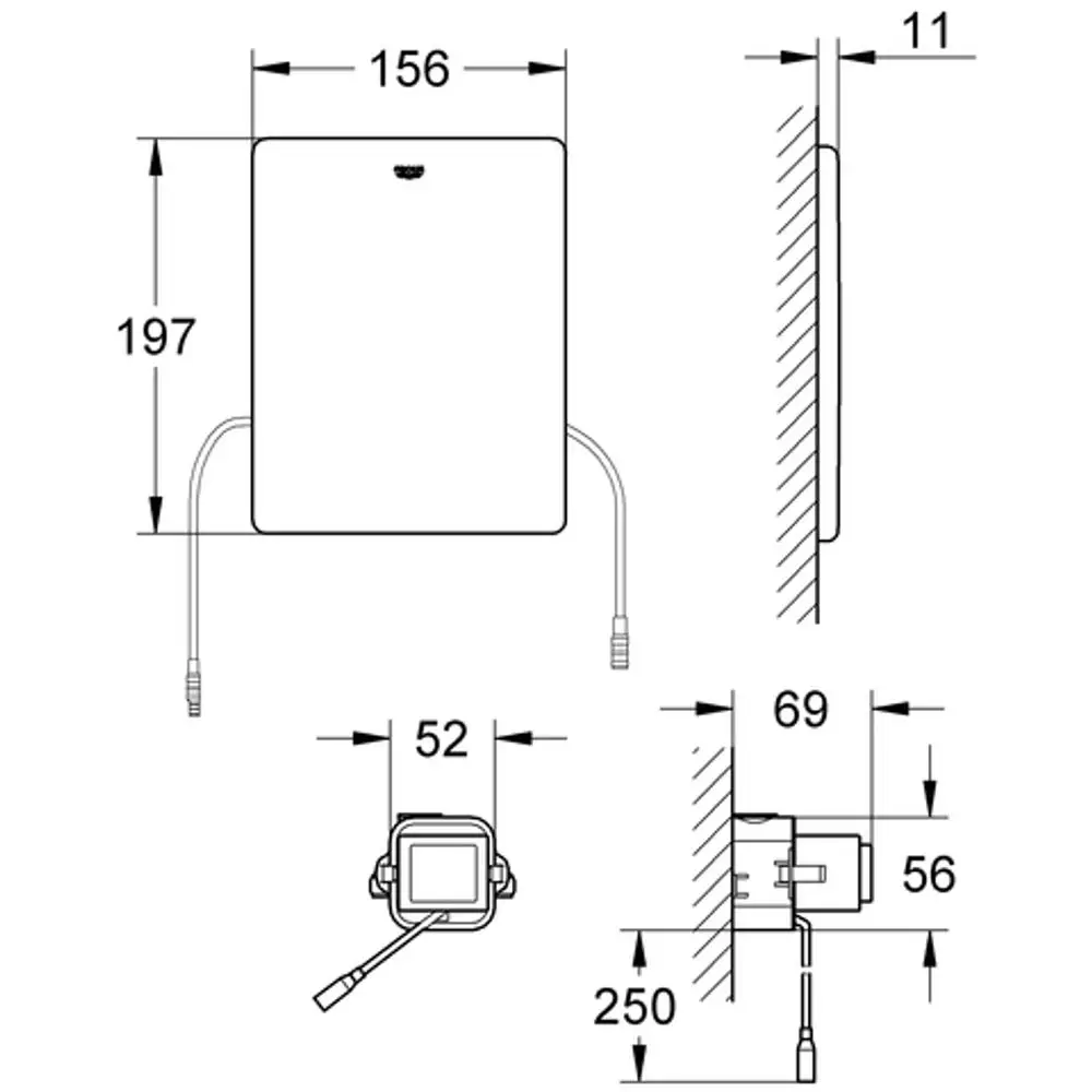 GROHE WC-Betätigungsplatte mit zwei seitlichen Anschlüssen. Maße und Montageanweisungen sind im technischen Zeichnungsformat dargestellt.