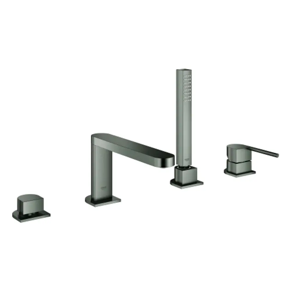 GROHE Armatur mit vier Teilen in hard graphite. Enthält einen langen Wasserhahn und zwei Steuerungen, einer davon mit Drehmechanismus. Geeignet für Badewanneninstallation.