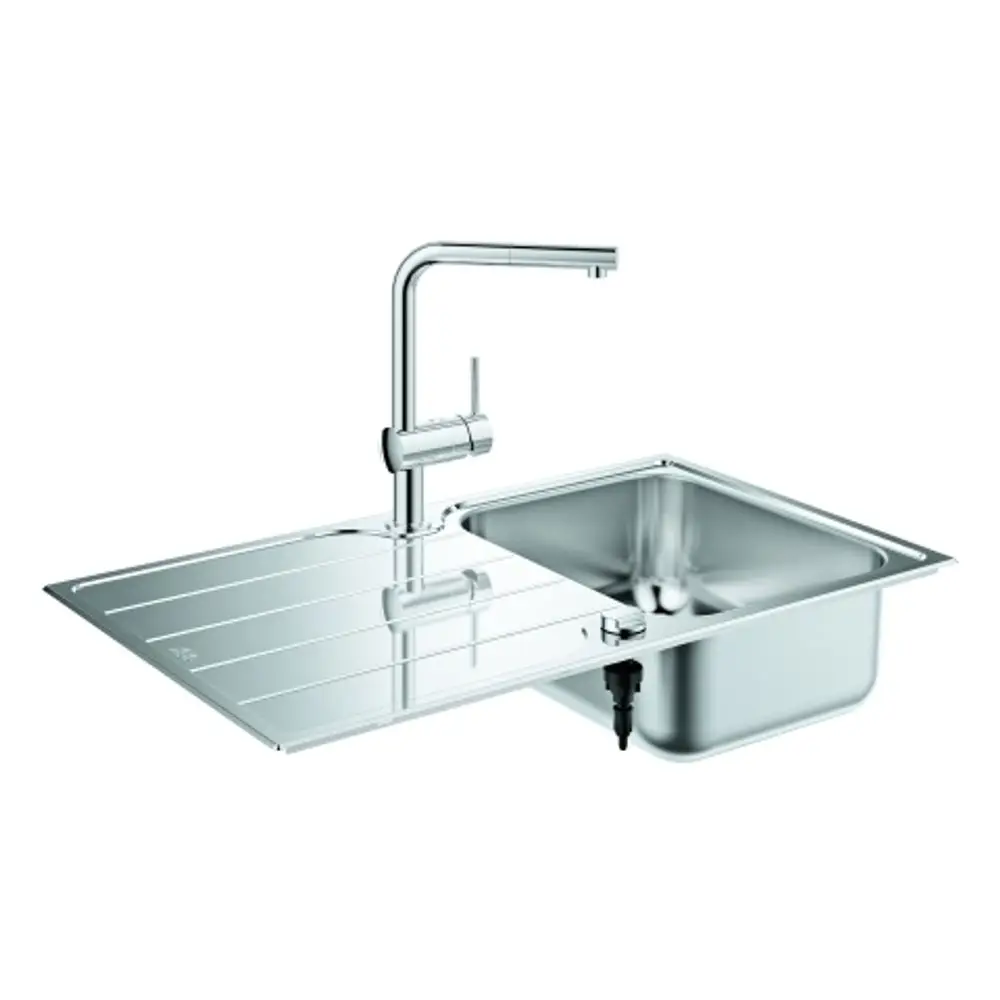 Edelstahlspüle mit integrierter Minta SPT-Armatur von Grohe, ausgestattet mit abgedeckter Arbeitsfläche und einem Ablaufventil.