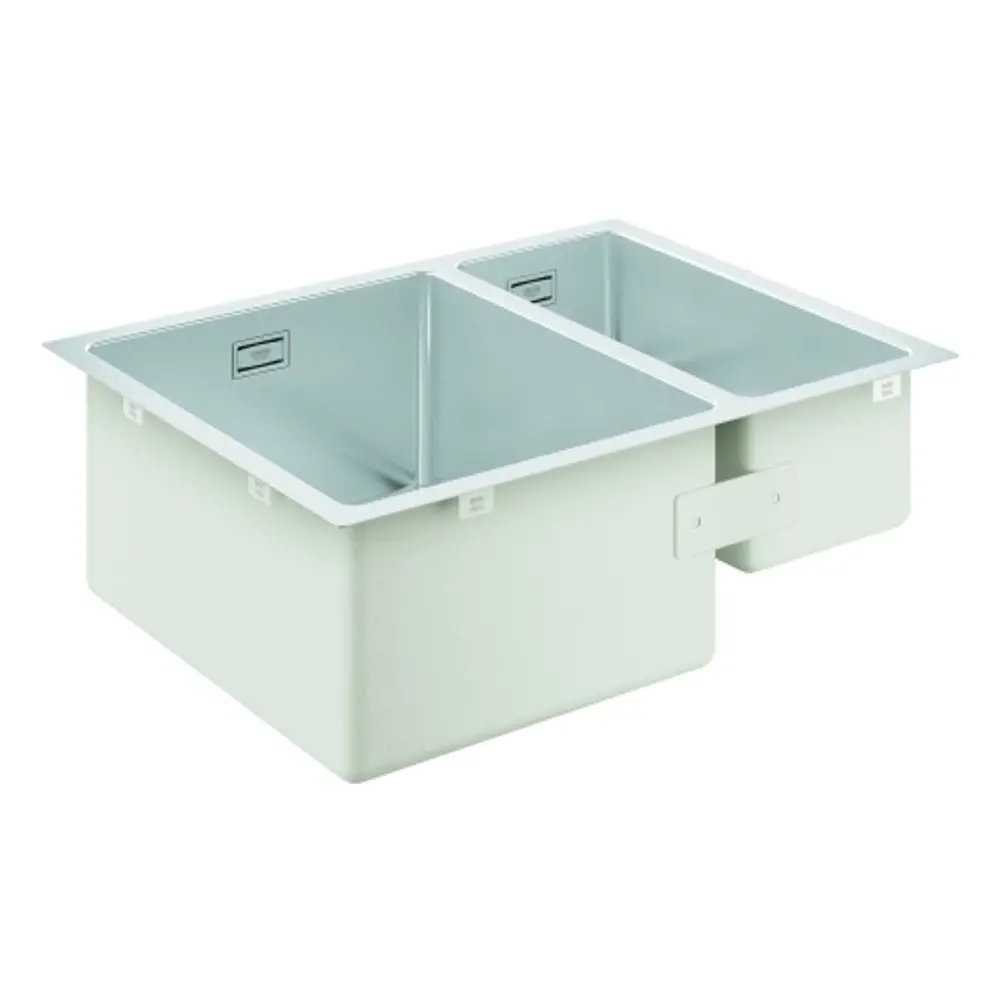 Zwei Becken Unterbau-Edelstahlspüle von Grohe, rechteckige Form mit gleichmäßigen Konturen und jeweils einer Abtropffläche an den Seiten.