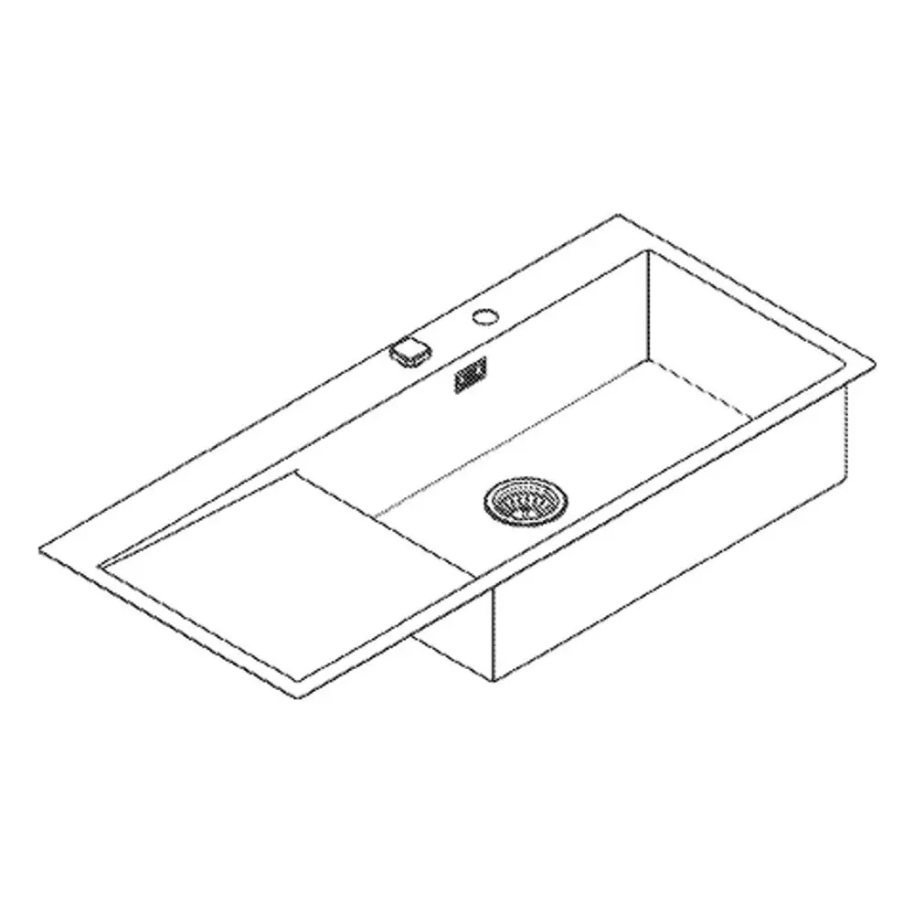 Edelstahlspüle von Grohe mit einem großen Becken und seitlichem Abtropfbereich, ausgestattet mit einem Abfluss und einer Armatur mit Bedienknopf.