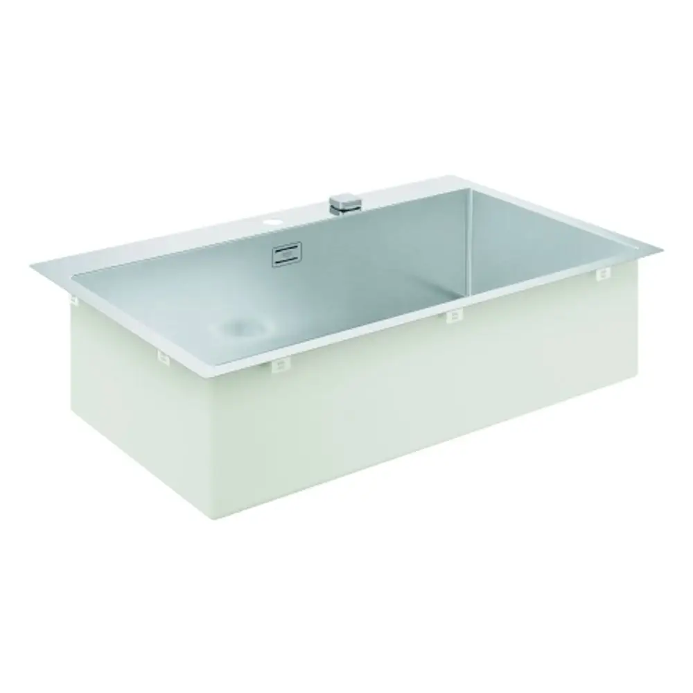 Grohe Edelstahlspüle mit einem Becken, rechteckiger Form und glatter Oberfläche, passend für die Integration in Kücheneinrichtungen.