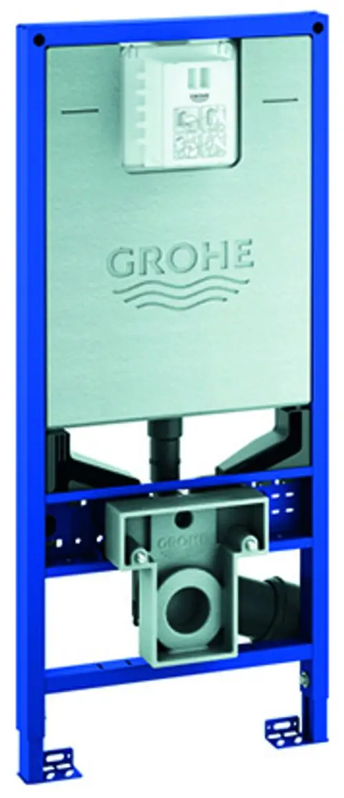 Wandmontiertes WC-Element in blauer Rahmenkonstruktion mit integrierter Spülkastenansicht und Rohren von Grohe.