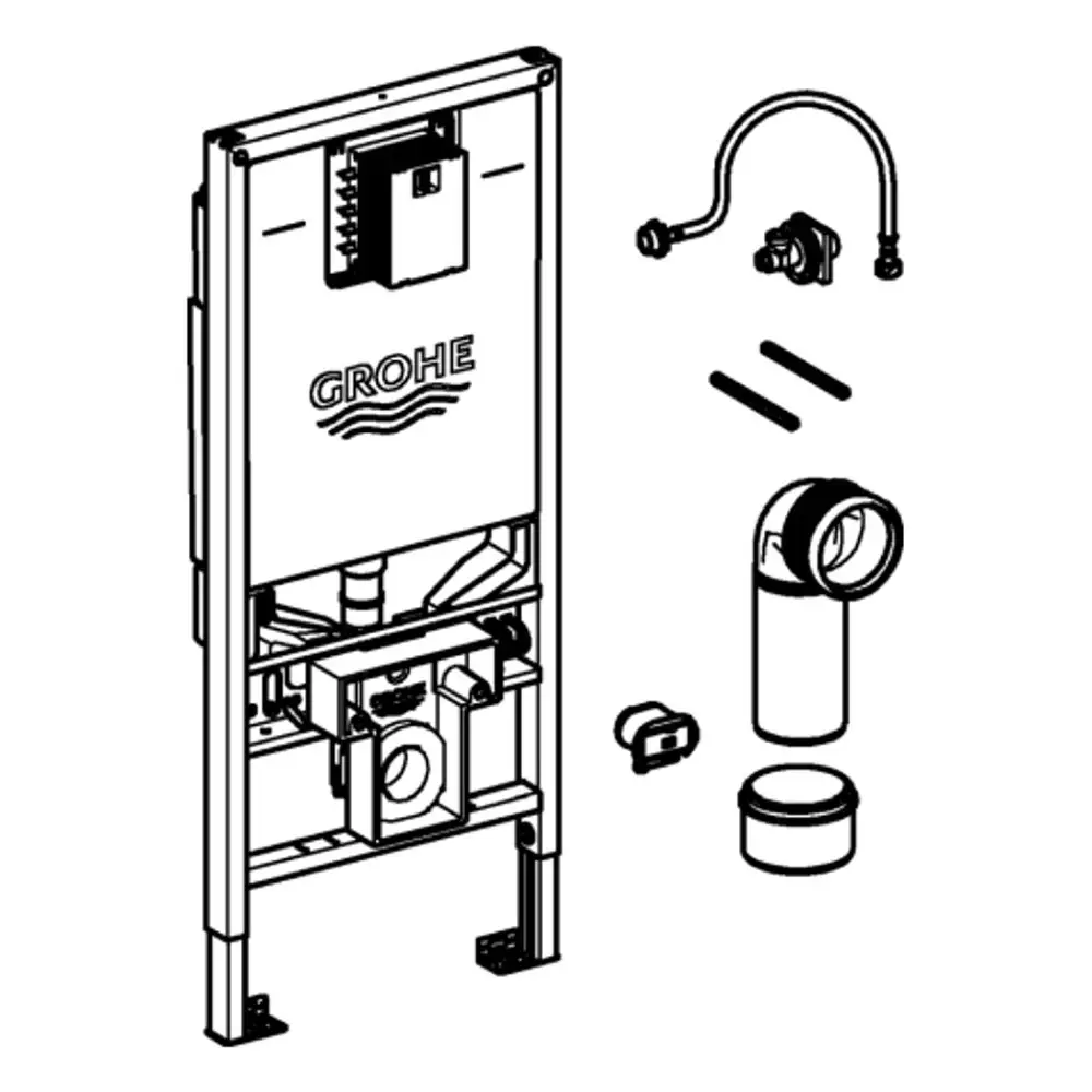 GROHE WC-Element in schematischer Darstellung, bestehend aus einer Montageplatte, Ventilelement und verschiedenen Zubehörteilen, für die Installation eines WCs.