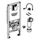 GROHE WC-Element in schematischer Darstellung, bestehend aus einer Montageplatte, Ventilelement und verschiedenen Zubehörteilen, für die Installation eines WCs.