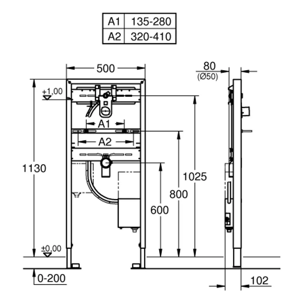 Technisches Diagramm eines Grohe WC-Elements mit Maßangaben und Installationsdetails, gezeigt aus Vorder- und Seitenansicht.