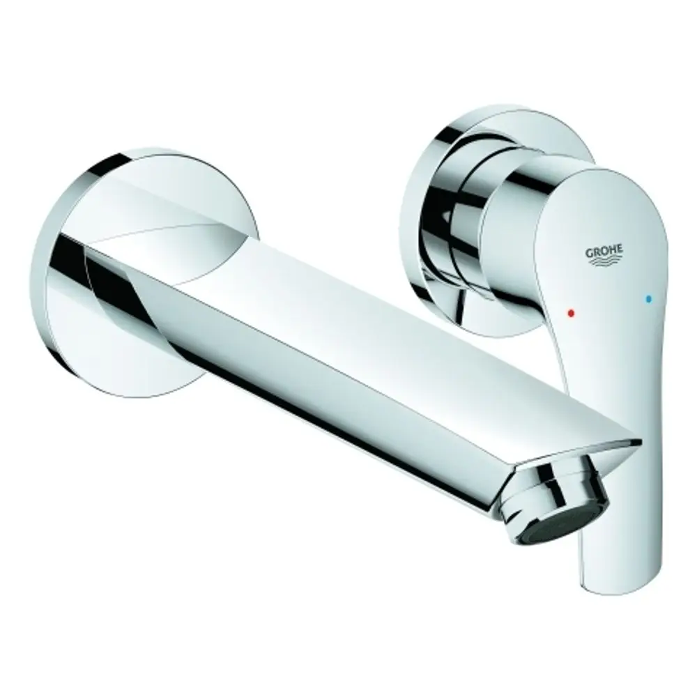 Zweigriff-Wasserhahn in Chromoptik von Grohe, bestehend aus Wandbatterie mit Auslauf und zwei bedienbaren Griffen zur Temperaturregulierung.