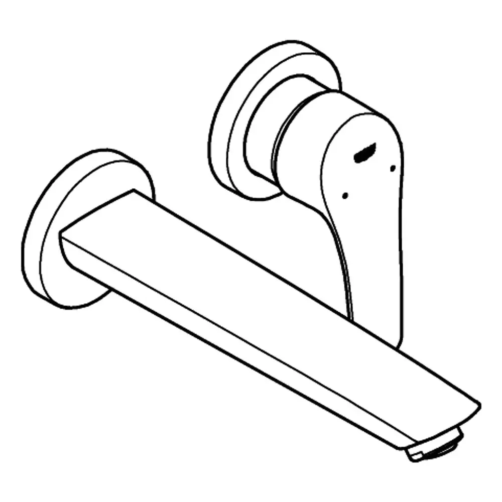 Wandbatterie von Grohe mit zwei Anschlusslöchern, Auslauf in gerader Form, montiert an der Wand.