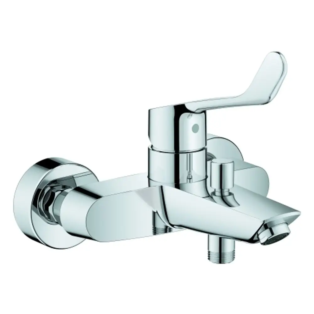 Wandmontierter Grohe Wasserhahn mit langem Hebel in verchromter Ausführung. Die Armatur verfügt über eine klassische Form für die Verwendung in Badezimmern.