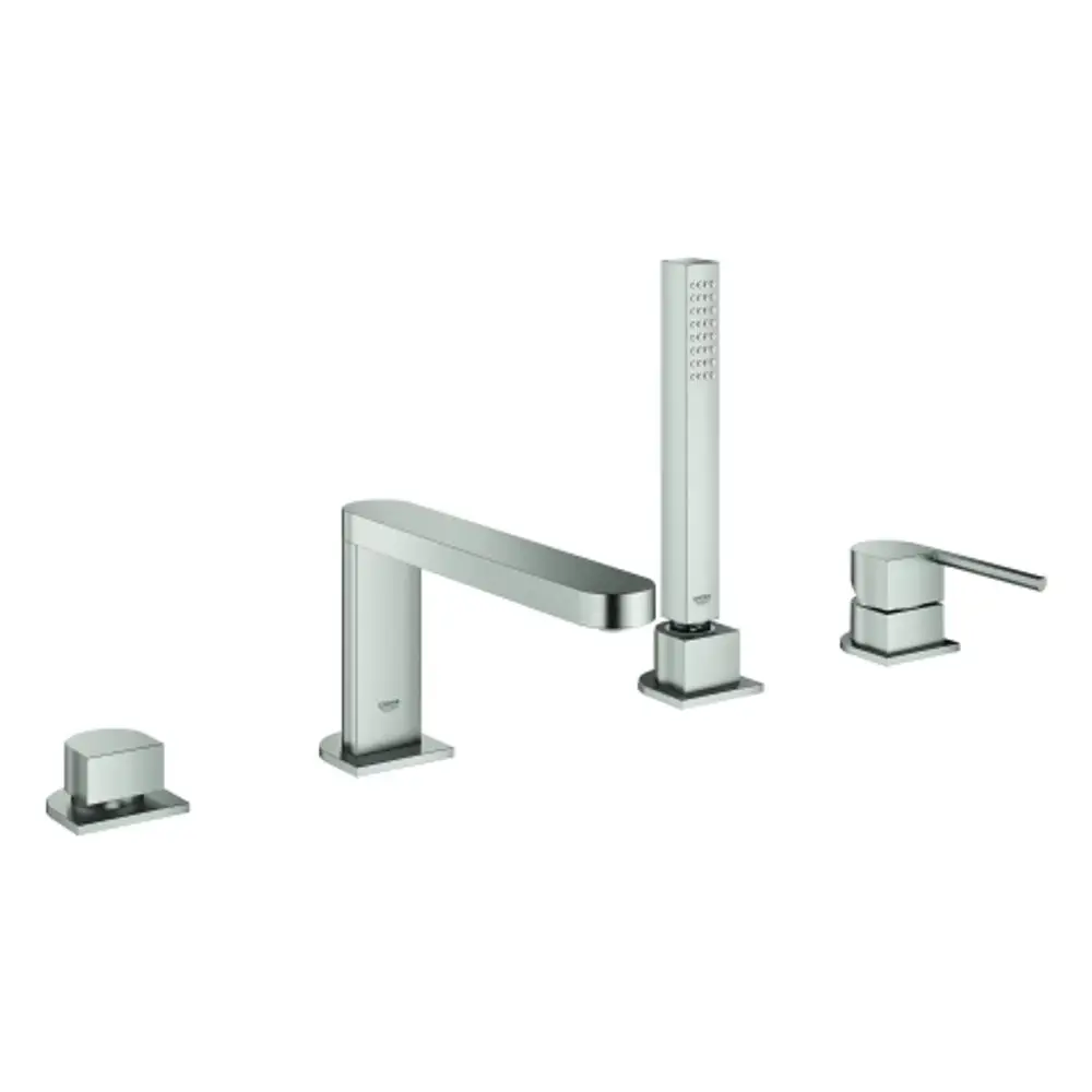 GROHE Armaturenset mit vier Komponenten in Edelstahloptik. Enthält Wasserhahn, Handbrause, Steuergriff und Montagesockel. Modernes Design für Bad oder Dusche.