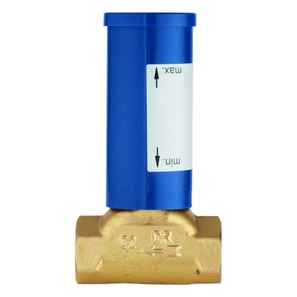 Grohe Ventil-Unterteil mit einem blauen Oberteil und einem goldenen unteren Teil. Das Produkt zeigt Markierungen für minimale und maximale Einstellungen.