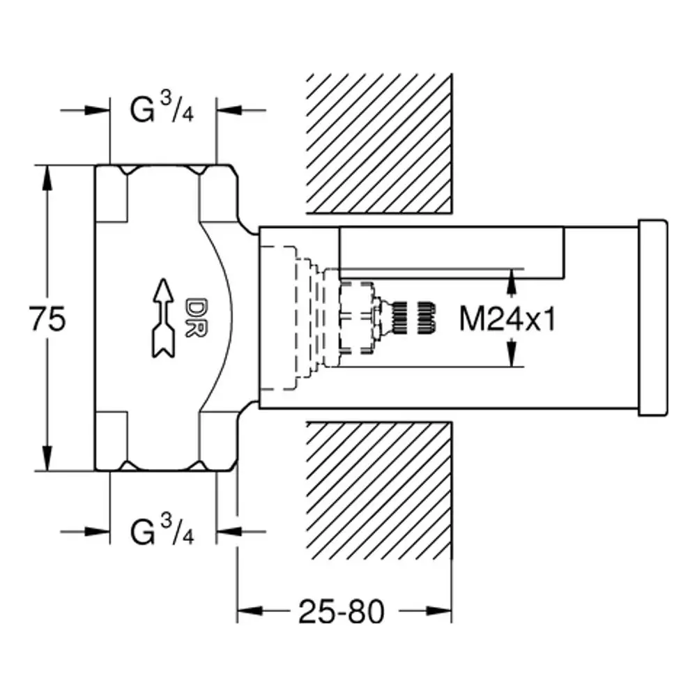 Grohe UP-Ventil-Unterteil mit G¾-Anschluss, Abmessungen und Gewinde M24x1 sind im technischen Zeichnungsformat abgebildet.