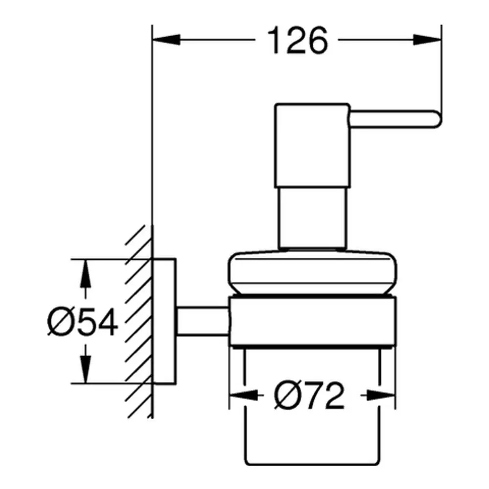 Seifenspender mit Halter, dargestellt in Seitenansicht, mit klaren gezeichneten Dimensionen. Das Produkt hat eine runde Basis und einen Hebel zum Betätigen, Marke Grohe.