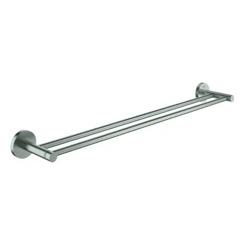 Doppel-Badetuchhalter aus Metall in Supersteel-Oberfläche von Grohe, mit zwei parallelen Stangen für das Aufhängen von Handtüchern, montiert an den Wänden.