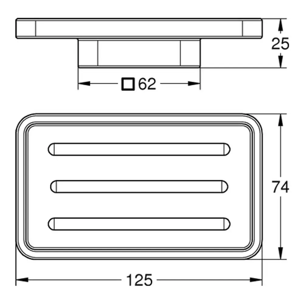 Grohe Seifenschale in rechteckiger Form, weiß mit drei horizontalen Rillen. Oben flach, mit abgerundeten Ecken. Maße sind nicht sichtbar.