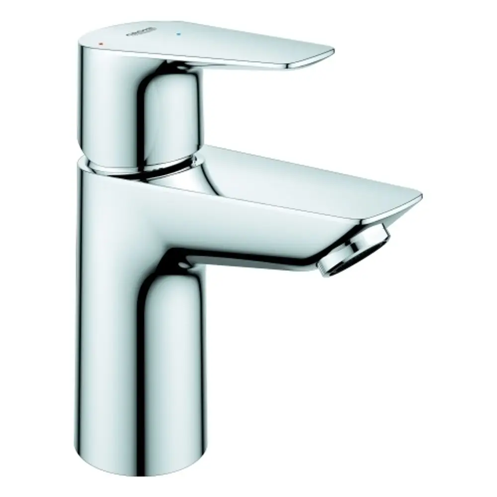 Grohe Waschtischarmatur in Chrom mit einem flachen Auslauf und einem Hebelgriff zur Wasserregulierung. Sie ist für die Montage an einem Waschbecken konzipiert.