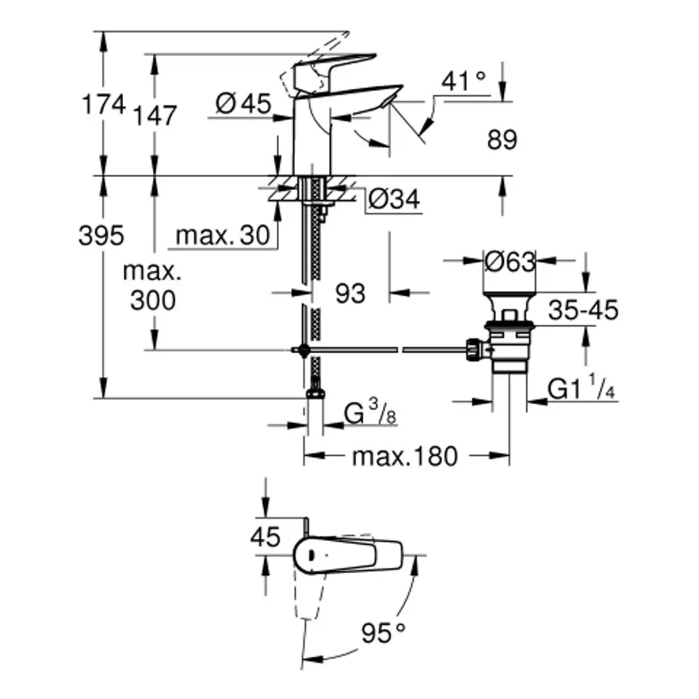 GROHE Waschtischbatterie mit mittiger Kaltwasserauslass. Technische Zeichnung mit Maßen, Anschluss- und Installationsdetails.