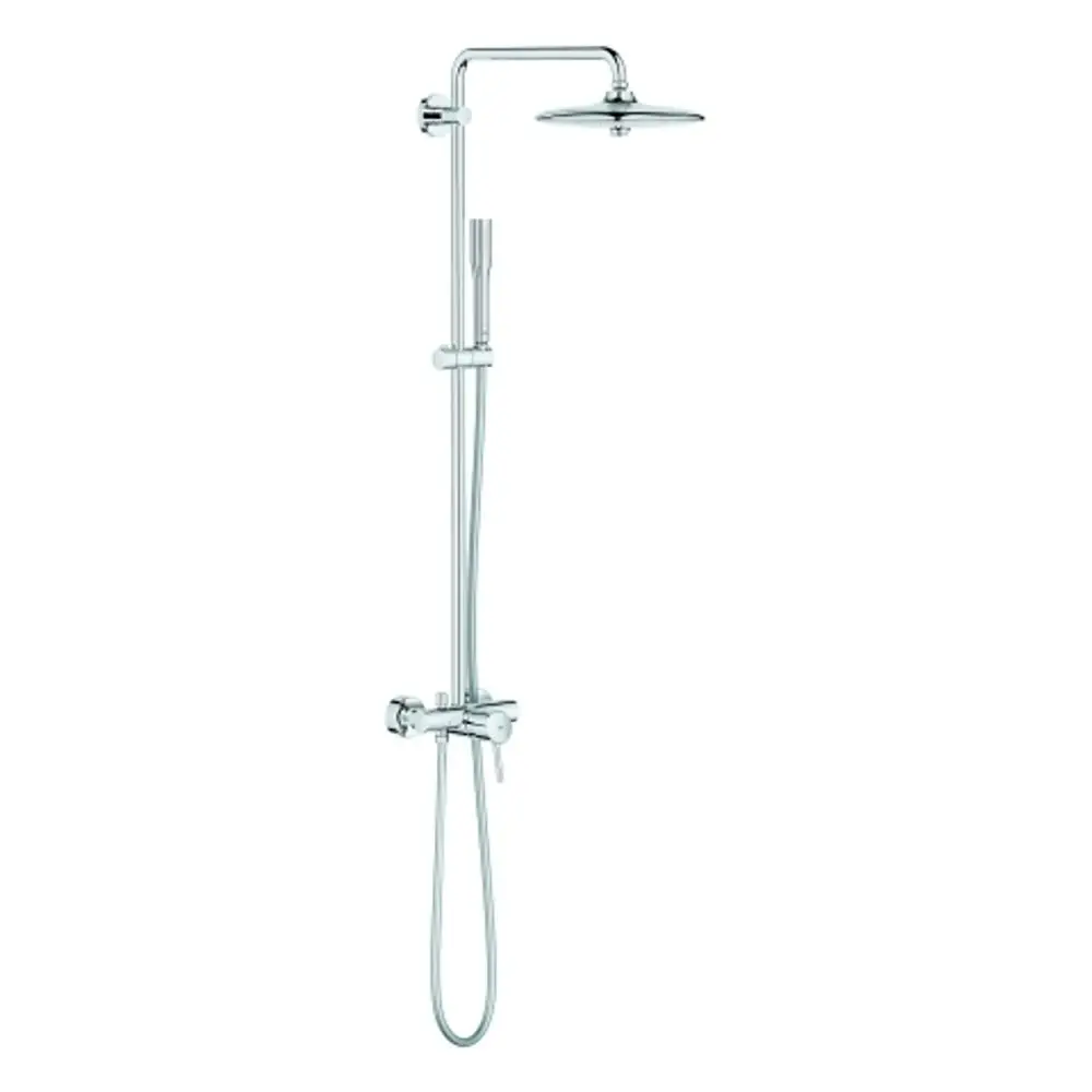 Duschsystem von Grohe mit Kopf- und Handbrause. Das System ist wandmontiert und besteht aus verchromtem Metall.