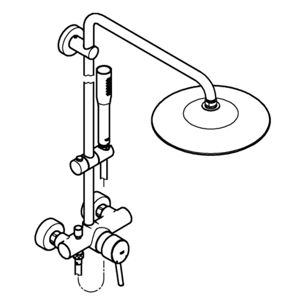 Grohe Duschsystem mit einem Handbrausekopf und einer festen Kopfbrause. Das System ist für die Wandmontage ausgelegt und weist eine chromfarbene Oberfläche auf.