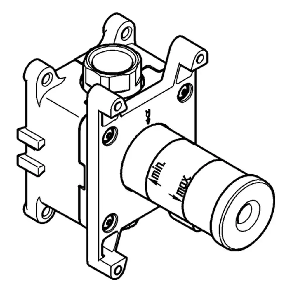 Einbauventil von Grohe, entworfen für die Installation in Wandmontagesets, mit Markierungen für minimale und maximale Einstellungen.
