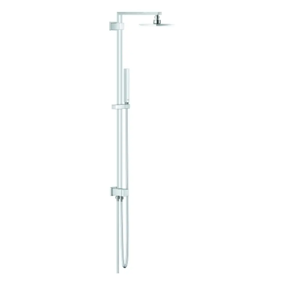 Duschsystem von Grohe mit Kopfbrause, Handbrause und verstellbarem Halter, Wandmontage. Chromoberfläche, minimalistisches Design.