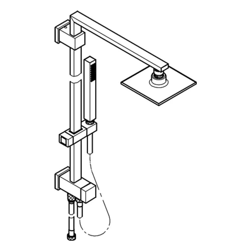 Grohe Duschsystem mit Wandmontage und quadratischem Kopf, kombiniert mit vertikalen und horizontalen Rohren für die Wasserzufuhr.
