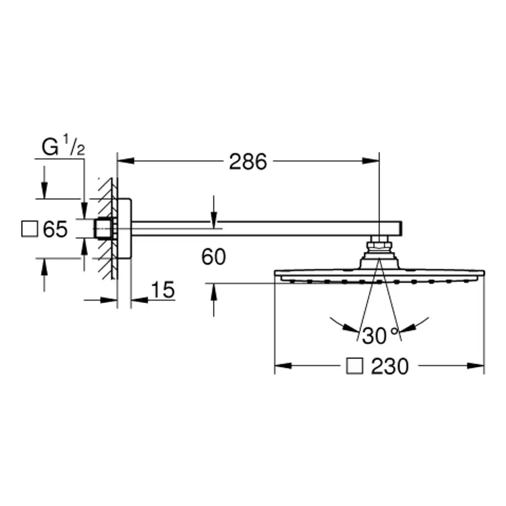 Grohe Duschkopf mit einem Durchmesser von 230 mm, montiert an einem 286 mm langen Brausearm, abgebildet in seitlicher und oberer Ansicht.