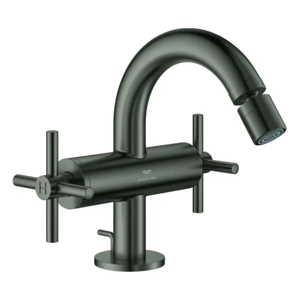 GROHE Bidetarmatur mit zwei Kreuzgriffen in gebürstetem Schwarz, geschwungener Auslauf und herausziehbarem Strahlregler. Design für moderne Badezimmer.