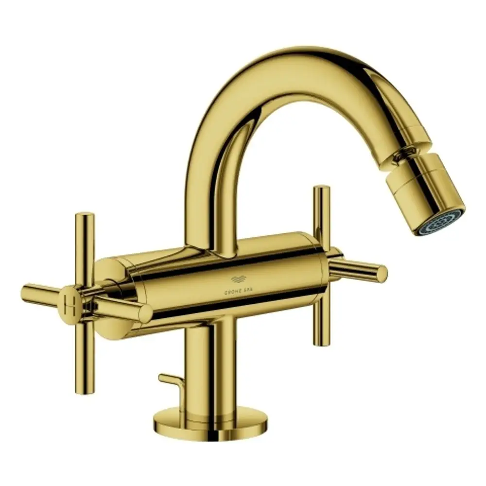 Grohe Bidetarmatur mit zwei Kreuzgriffen und einem geschwungenen Auslauf in Goldfarbe, montiert auf einer runden Basis.