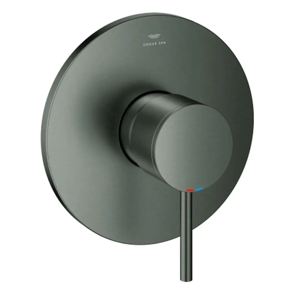 Wandmontierte Grohe-Brausebatterie in Hard Graphite mit runder Deckplatte und einem einstellbaren Temperaturregler.