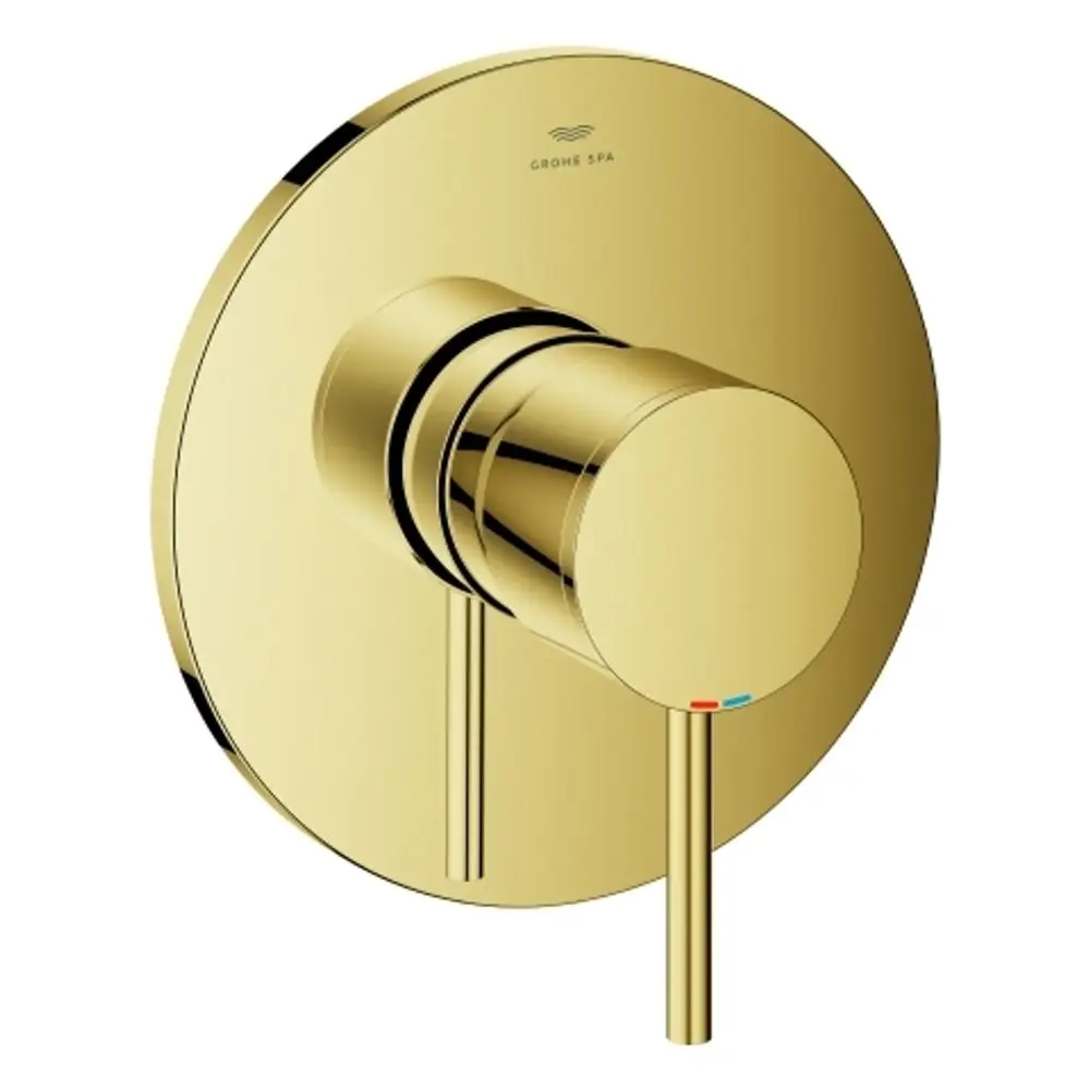 Wandmontierte Armatur in glänzendem Gold mit zwei Hebeln zur Temperatur- und Aqua-Geschwindigkeitsregulierung, markiert mit Rot und Blau, von Grohe.