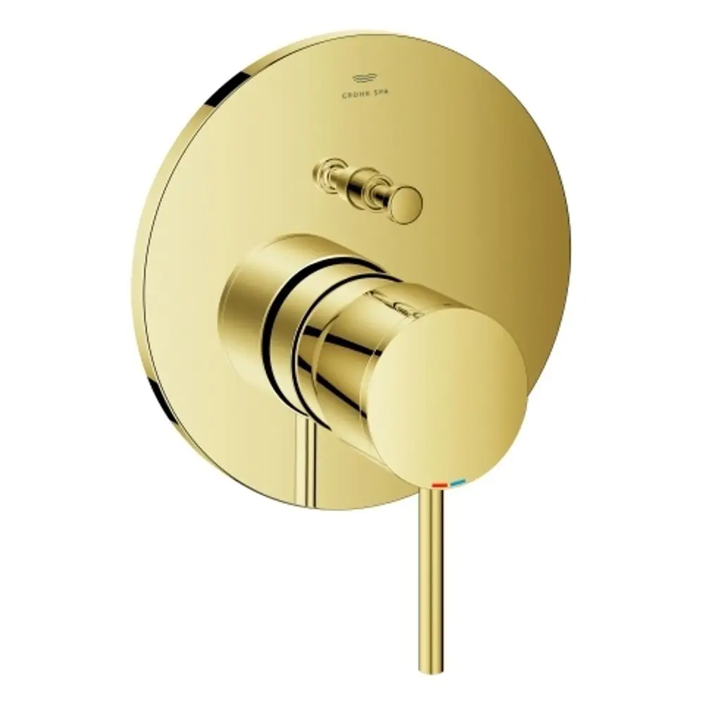 Goldene Grohe-Wannenbatterie mit runder Montageplatte, zwei Bedienknöpfen und einem Hebel, der zur Temperatur- und Mengenregulierung dient.