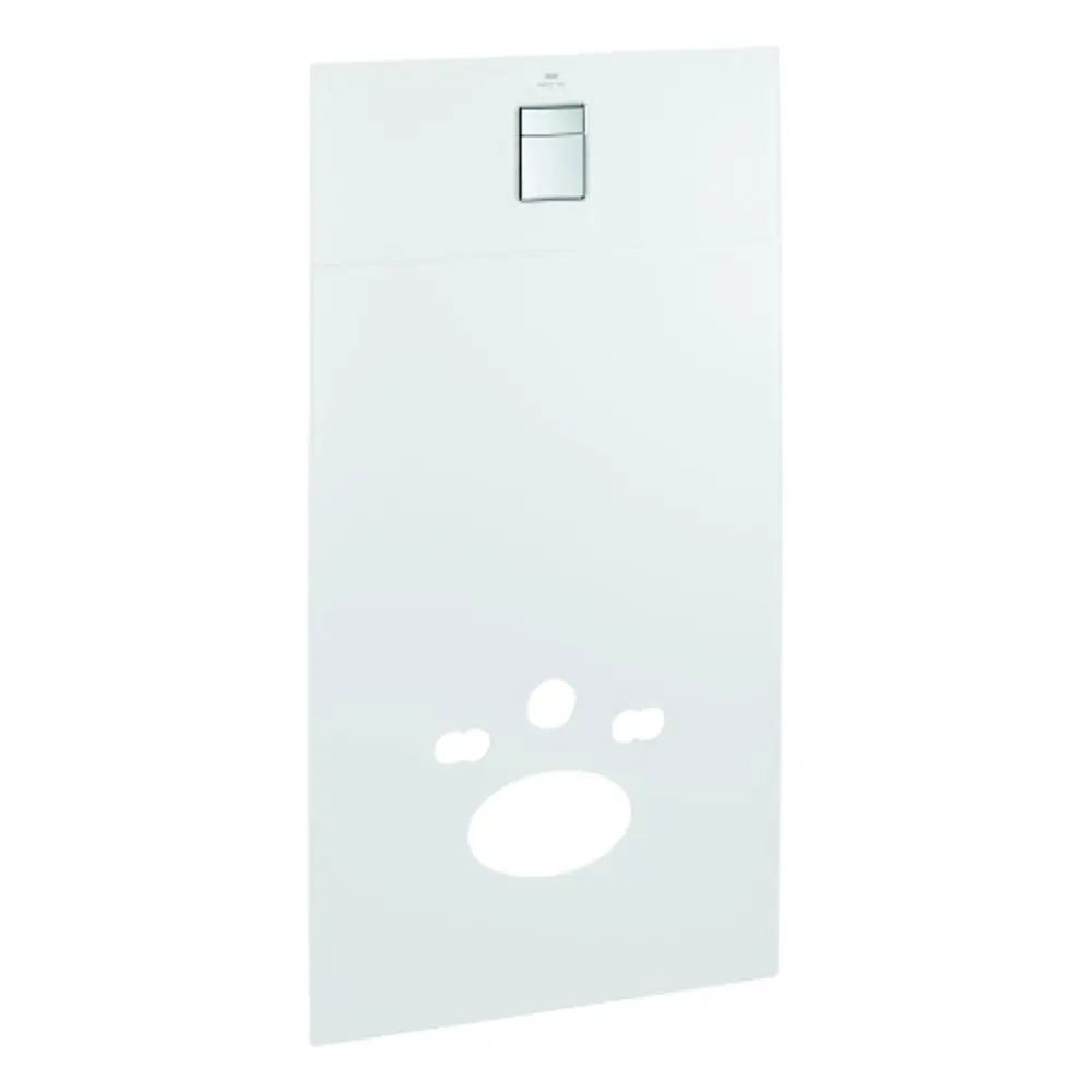 Weißes, rechteckiges Glas-Designmodul von Grohe mit Aussparungen und einem Knopf, für die Montage an Rapid SL oder Uniset-Systemen.