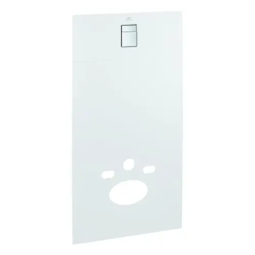 Weißes, rechteckiges Glas-Designmodul von Grohe mit Aussparungen und einem Knopf, für die Montage an Rapid SL oder Uniset-Systemen.