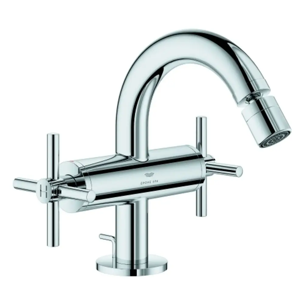 Zweigriff-Bidetarmatur mit Kreuzgriffen aus chromfarbenem Material, gestaltet von Grohe, mit herausziehbarem Auslauf und klaren Linien.