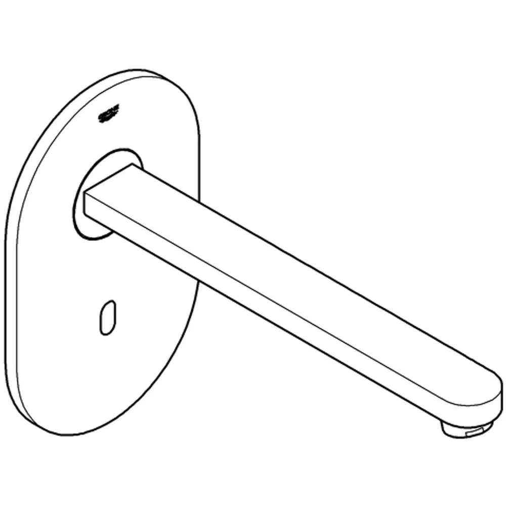 Wandmontierte Auslaufarmatur von Grohe mit flachem Auslauf und runder Wandplatte, einfache Formgebung, geeignet für moderne Badezimmer.