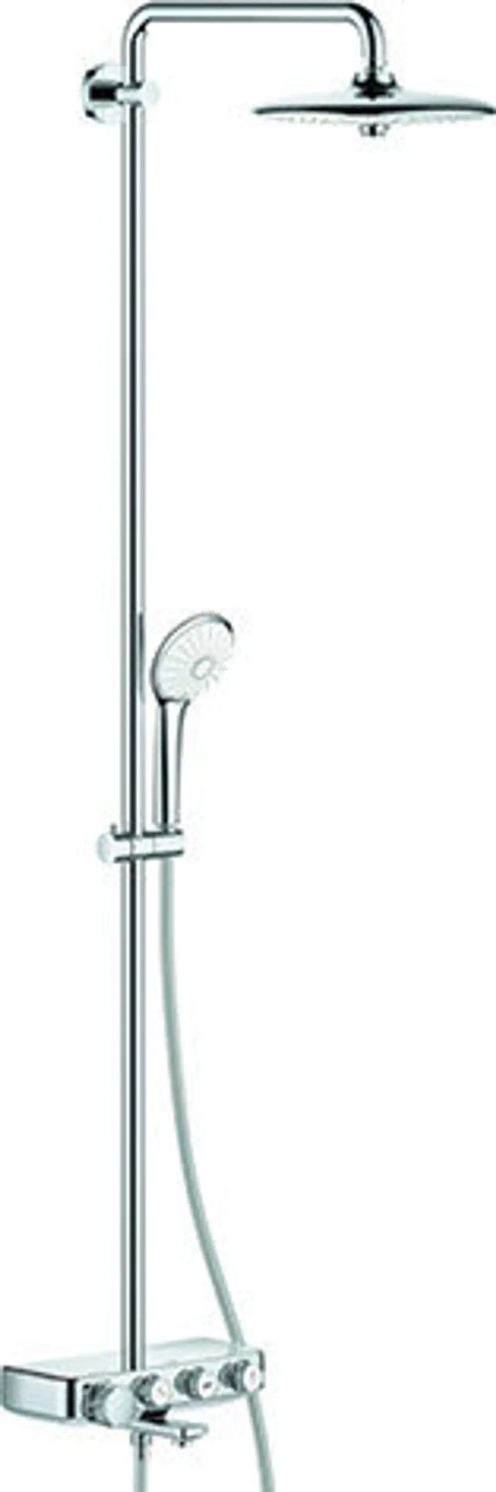 Duschsystem mit Kopfbrause und Handbrause von Grohe, ausgestattet mit einem Thermostat und Rohrleitungsanschlüssen, auf einer vertikalen Halterung montiert.