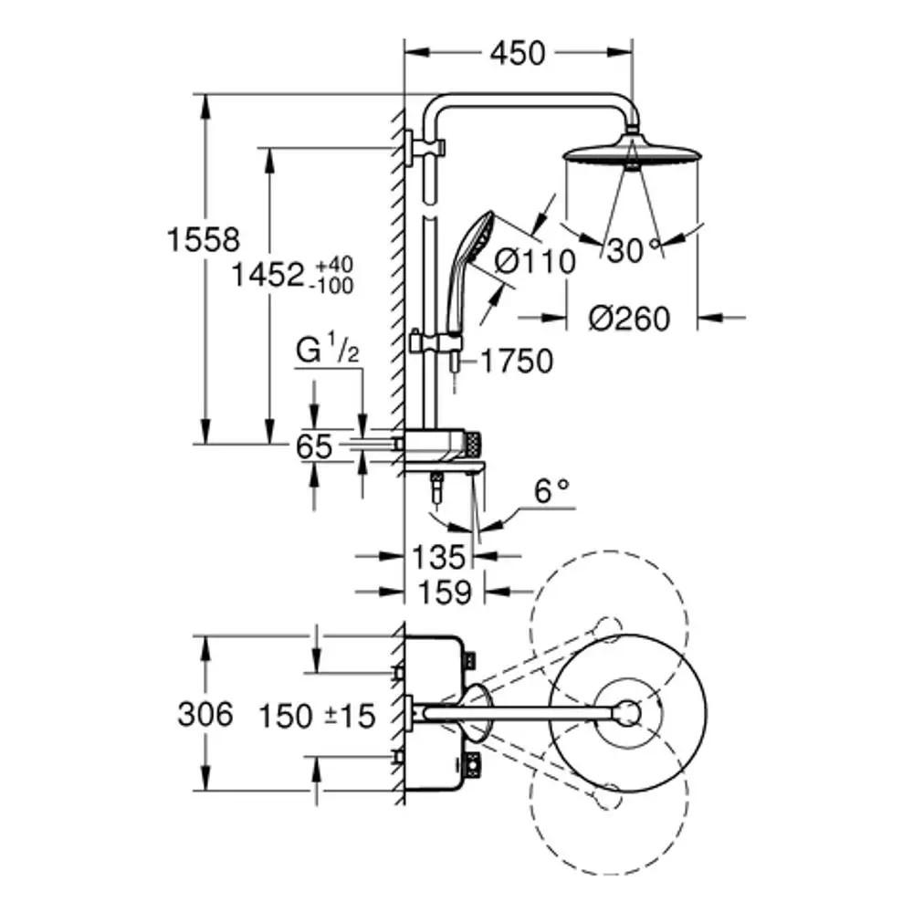 Schemaplan eines Duschsystems von Grohe mit Handbrause und Kopfbrause, inklusive Abmessungen und Montagehinweisen für die Installation.