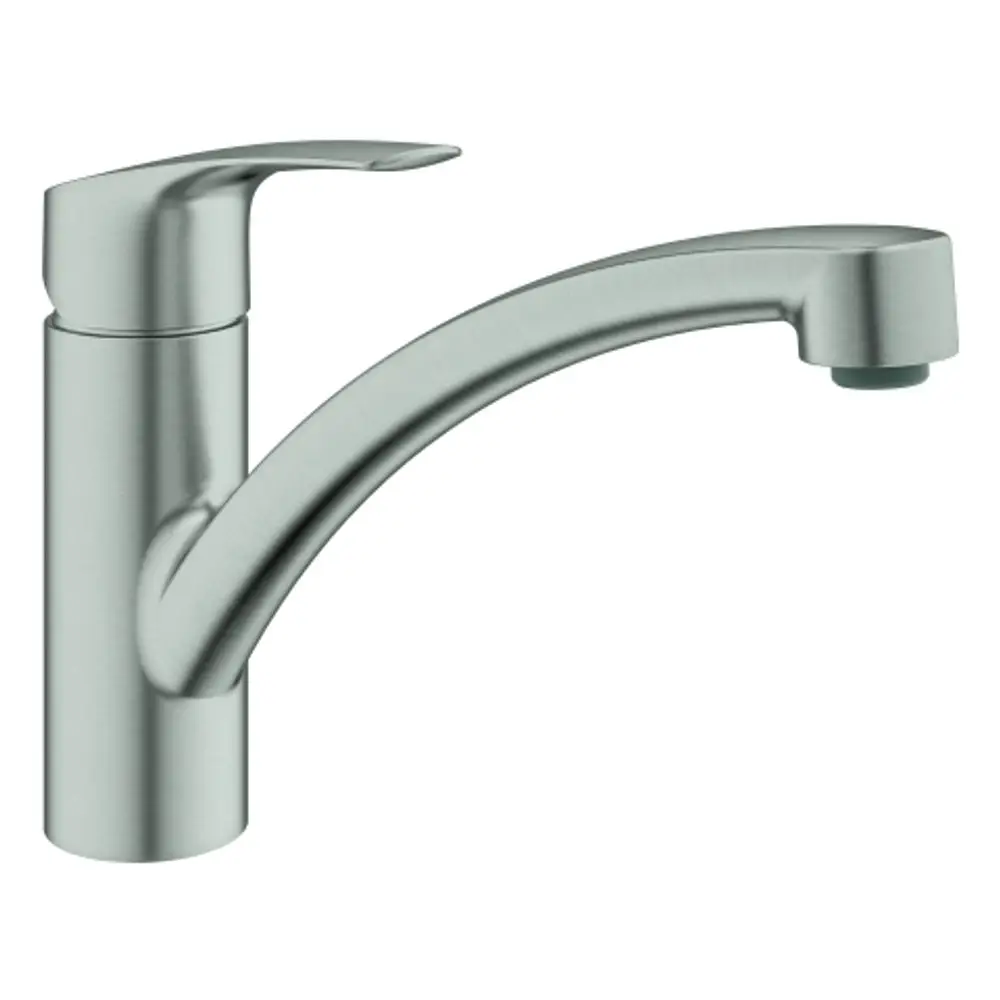 GROHE Wasserhahn mit flachem Auslauf in Edelstahloptik, geeignet für verschiedene Anwendungen in Küche oder Bad, mit klassischem Design.