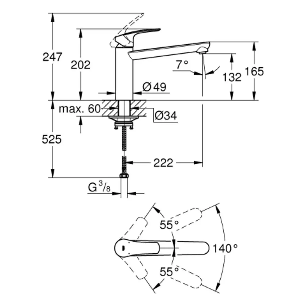 GROHE Wasserhahn mit mittelhohem Auslauf, eine Drehbewegung des Hebels von 140 Grad, verschiedene Maße zur Installation und Montage auf einer horizontalen Fläche dargestellt.