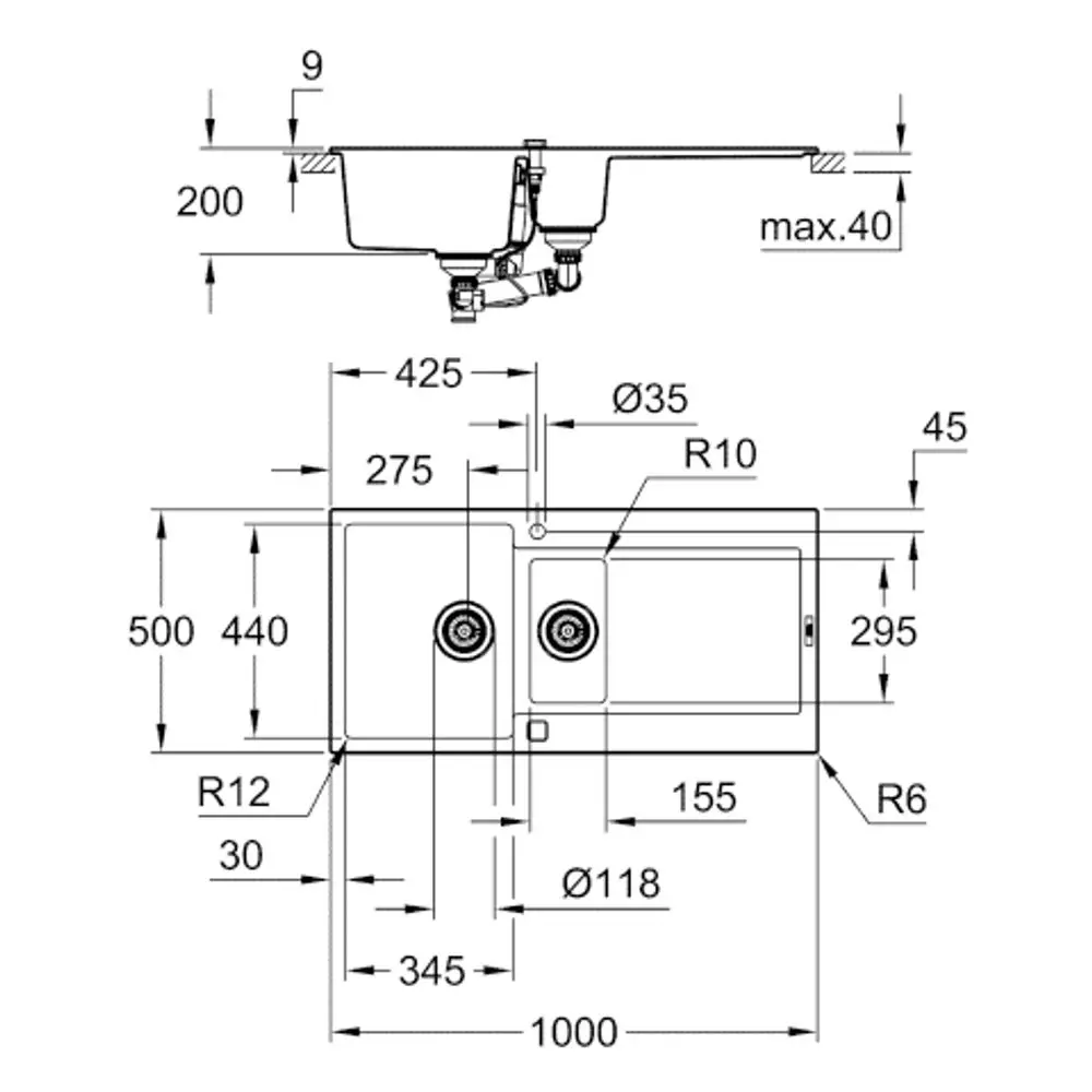 GROHE Spüle mit zwei Becken, technische Zeichnung mit Maßangaben und Details zur Installation, produziert aus Granit in Schwarz.