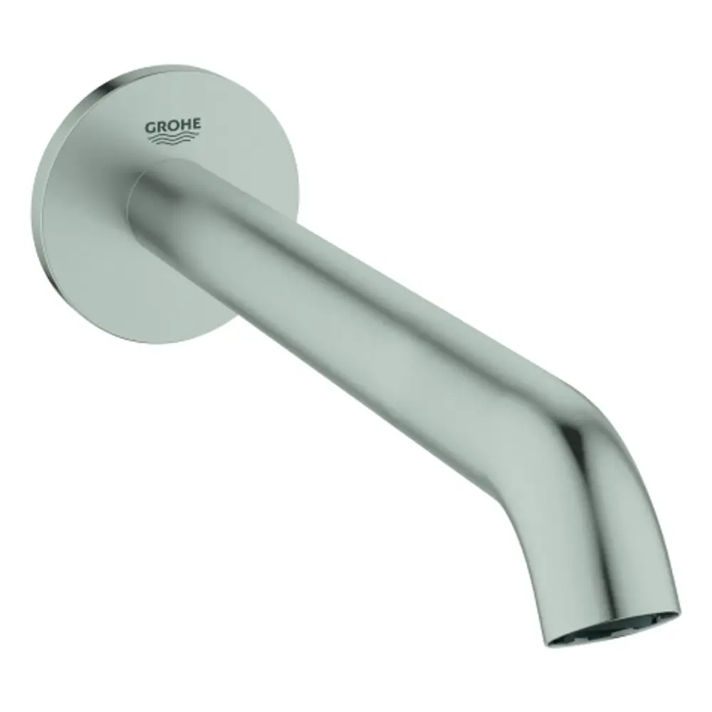 Wandmontierter Wasserhahn von Grohe mit schlanker, gerader Ausführung und einem runden Montagefuß. Die Oberfläche ist in einem modernen, metallischen Finish gestaltet.