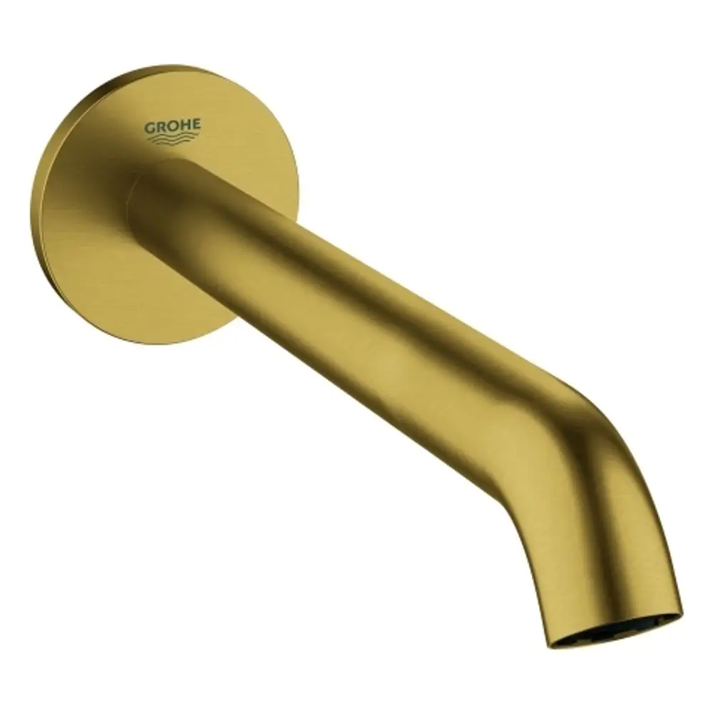 Wandmontierter Wasserhahn in gebürstetem Gold von Grohe mit abgerundetem Auslauf, geeignet für den Einsatz in modernen Badezimmern.