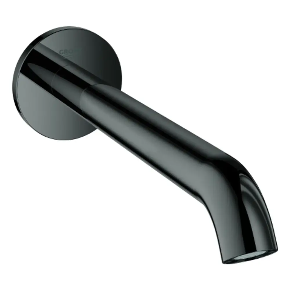 Wandmontierter Wasserhahn in schwarzem Finish von Grohe, mit langem, gebogenem Auslauf für die Montage an einer Wand.