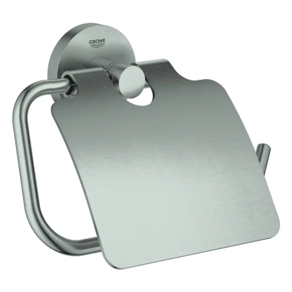 Metallischer WC-Papierhalter mit Deckel, an einer Wand montiert, von Grohe. Die Oberfläche ist matt und hat eine einfache, funktionale Gestaltung.