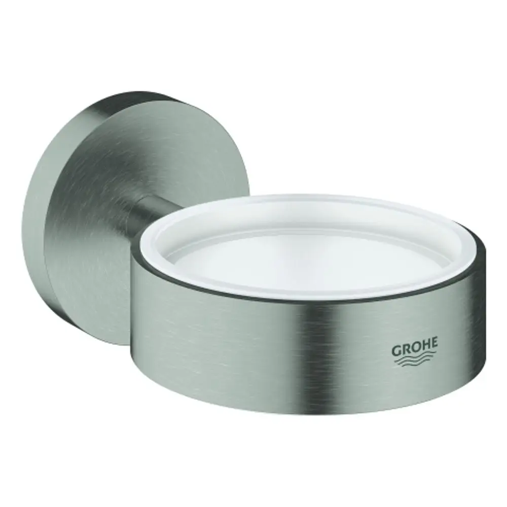 Wandhalterung aus gebürstetem Metall für Becher oder Spender, mit einer runden, flachen Halterung und dem Markenlogo von Grohe.
