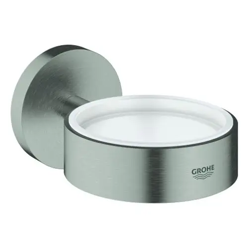 Wandhalterung aus gebürstetem Metall für Becher oder Spender, mit einer runden, flachen Halterung und dem Markenlogo von Grohe.