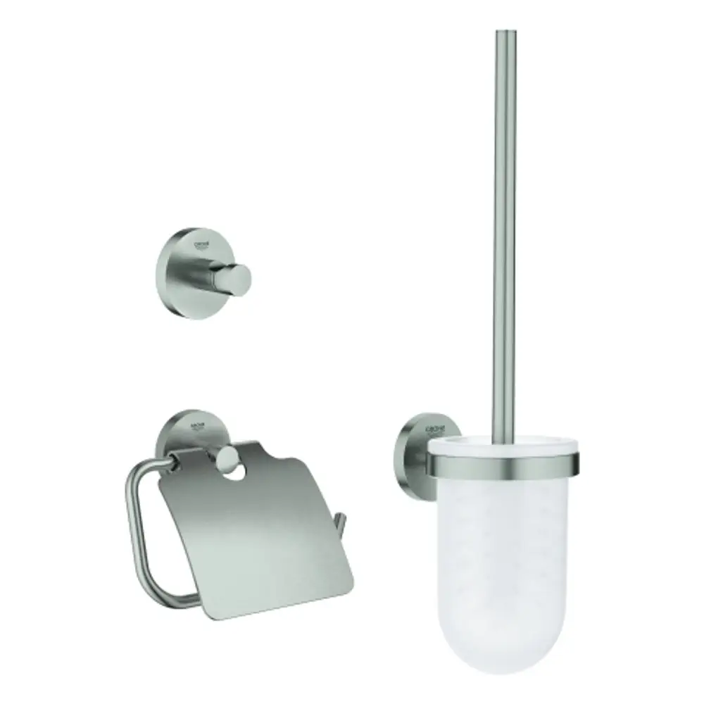 Badezimmer-Set von Grohe mit Toilettenbürste, Halter für Toilettenpapier und Wandhaken in matter Edelstahloptik, bestehend aus drei Komponenten, zur Wandmontage.