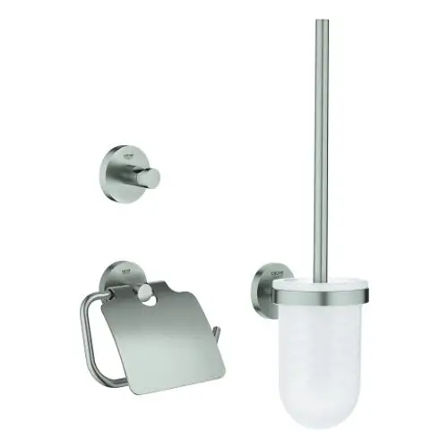 Badezimmer-Set von Grohe mit Toilettenbürste, Halter für Toilettenpapier und Wandhaken in matter Edelstahloptik, bestehend aus drei Komponenten, zur Wandmontage.