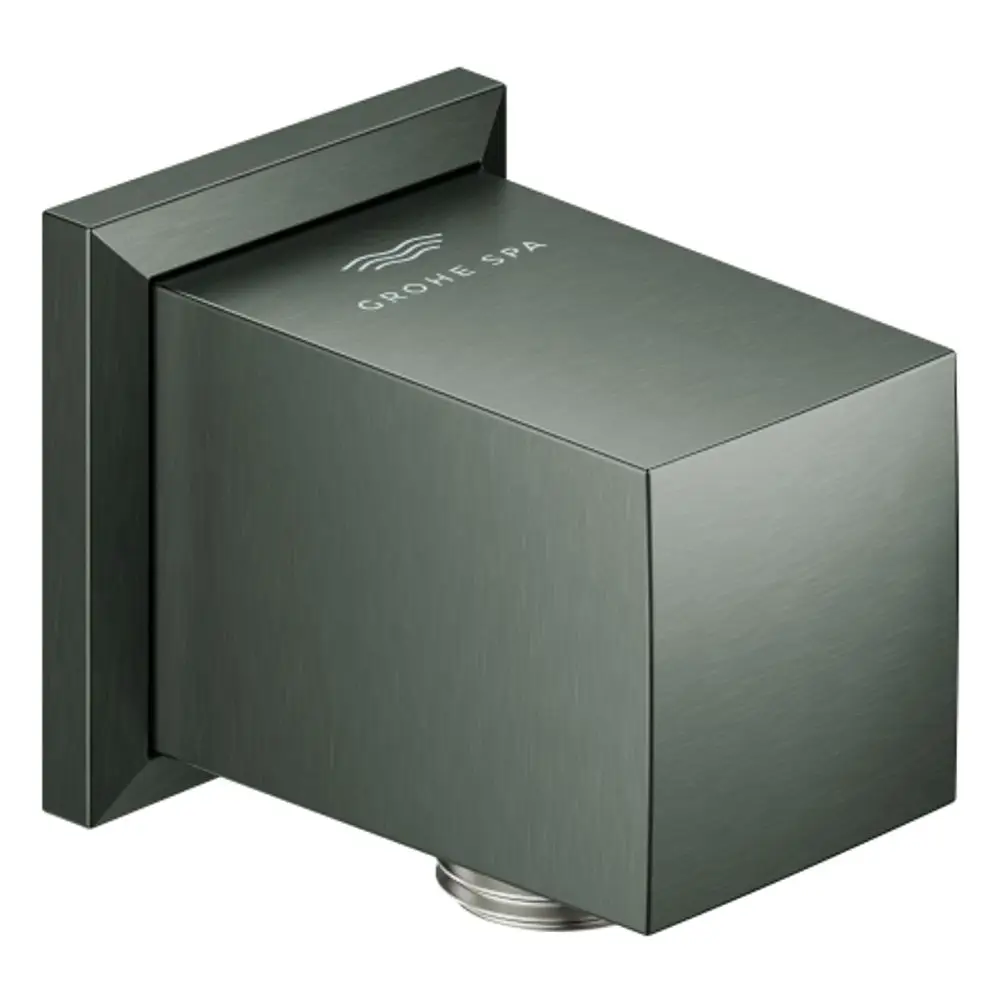 Wandanschlussbogen in gebürstetem Graphit von Grohe, mit quadratischer Form und klaren Kanten, zur Befestigung an Wänden für die Sanitärinstallation.